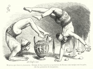 古代ギリシャで体操をする女性たち：剣の舞、足で器を満たす（リトグラフ 作： German School
