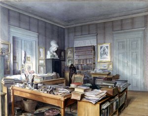 ウィルヘルム・グリム（1786-1859）のベルリンの仕事場、リンクシュトラーセ7番地。ホフマン氏が描いたもの。ニュルンベルクの国立博物館。1860. 作： German School
