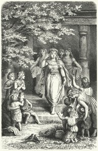 Eostre(Ostara)の祭りを祝うために花輪をつけたドイツの若い女性たち(彫刻)