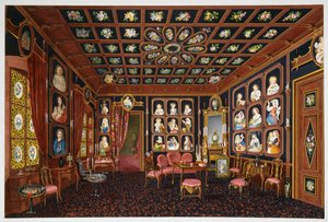 ハプスブルク家マクシミリアン (1832-1867) のトリエステ邸、ヴィラ ラザロヴィチの会話サロン、ゲルマーノ プロスドミ作のテンペラ 作： Germano Prosdocimi