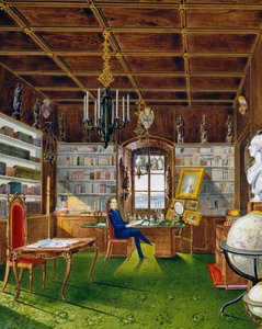 ヴィラ・ラザロヴィッチの図書館、ハプスブルク家のマクシミリアン (1832-1867) のトリエステ邸宅、ゲルマーノ・プロスドミ作のテンペラ 作： Germano Prosdocimi