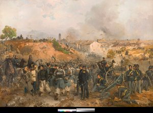 リソルジメント、第二次イタリア独立戦争：1859年5月30日、オーストリア帝国とサルデーニャ・ピエモンテ王国・フランス連合軍との間のパレストロの戦い ジェロラモ・インドゥーノ（1825-1890）作 1860年 個人蔵 作： Gerolamo Induno
