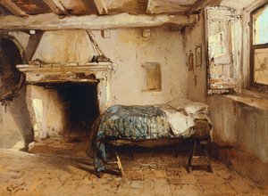 素朴なインテリア、Gerolamo Induno (1825-1890) 作、木に油彩、27.5 x 37.7 cm。 作： Gerolamo Induno