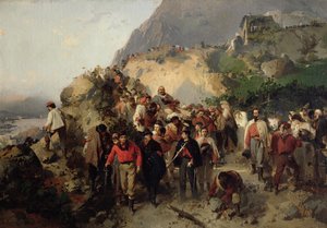 アスプロモンテ山脈の負傷したガリバルディ（1807-82）（キャンバスに油彩） 作： Gerolamo Induno