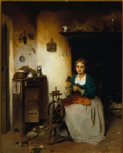 羊毛を紡いでいる若い女性、彼女の表情は悲しく、彼女の内面は惨めです。 Gerolamo (Girolamo) Induno (1825-1890) Dim による絵画。 65x52 cm Genes Nervi、Galleria d