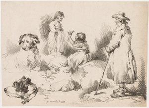 子供の研究 2 人の少女、2 匹の犬、男、1793 年。 作： Gerrard Street J. Harris Soho