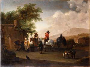 イタリア風の風景の中、山道で軽食を取る乗馬の旅行者 作： Gerrit Adriaensz Berckheyde