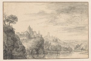 高い川岸にある都市のファンタジー ビュー 作： Gerrit Battem