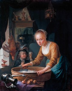 フランス語：Jeune fille hachant des oignons 玉ねぎを切る少女 作： ゲリット・ドゥ