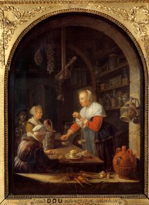 村の八百屋（背景には画家の肖像画） ジェラール・ドウ（1613-1675）の絵 1647年 日0,38x0,29 m 作： Gerrit Dou