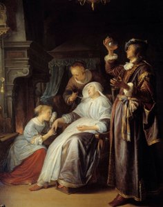 水腫の女性。医師が水腫の女性の尿を調べているところ。詳細ジェラール・ドウ（1613-1675）による絵画