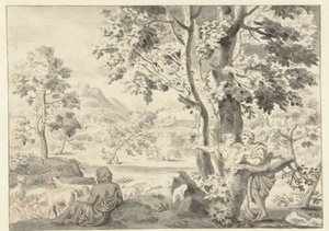 羊飼いと男と女のいる木々が生い茂る風景 作： Gerrit Grasdorp (possibly)