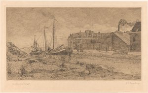 工場に係留されたはしけ 作： Gerrit Haverkamp (signed by artist)