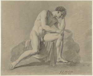 左腕に頭を乗せて座っている男性の裸体