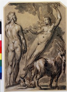 「アダムとイブ」 禁断の果実を摘んでアダムに渡すイブ。 Gerrit Pietersz によるペン画 (1566 年～1616 年頃) 1590 年代後半、モスクワのプーシキン美術館 作： Gerrit Pietersz