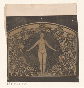 女性と花を描いた 1901 年のカレンダーのフレームのデザイン 作： Gerrit Willem Dijsselhof