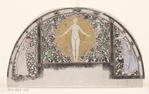 女性と花が描かれた 1901 年のカレンダーのフレームのデザイン 作： Gerrit Willem Dijsselhof