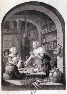 村の食料品商人が天秤を使って重さを測っています。18世紀 作： Gerrit or Gerard (after) Dou