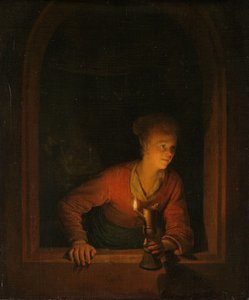 窓際の石油ランプを持つ少女、1645-75 作： Gerrit Dou