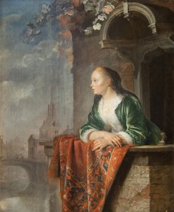Jeune femme sur un balcon - バルコニーにいる若い女性 - Gerard (Gerrit) Dou (1613-1675).キャンバスに油彩、1665年頃プラハ、ナショナル・ギャラリー 作： Gerrit Dou