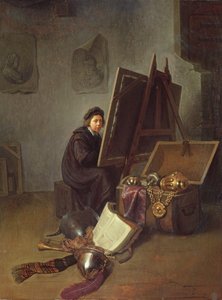 彼のスタジオで彼のイーゼルでアーティストの肖像 作： Gerrit Dou