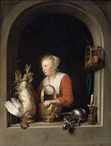 オランダの主婦、または窓に鳥を吊るす女、1650 作： Gerrit Dou
