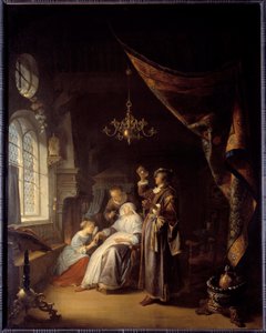水腫の女性。医者が水腫の女性の尿を調べているところ。ジェラール・ドウ（1613-1675）の絵 Ec.ホル
