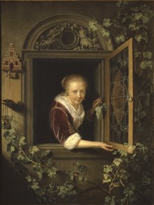 ブドウの房を持つ窓際の若い女性、1622 作： Gerrit Dou