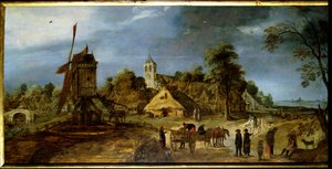 村の通り 水車のあるオランダの田舎の風景。Gerrit Van Honthorst (1590-1656) の絵画 17世紀。リオン、フランシスク・マンデ博物館 作： Gerrit van Honthorst