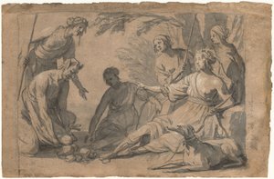 サテュロスから贈り物を受け取るダイアナと 4 人のニンフ 作： Gerrit van Honthorst
