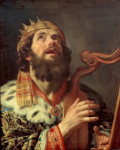 ダビデ王がハープを弾いています。 1622 作： Gerrit van Honthorst