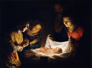 キリストの子供への礼拝c。 1620 作： Gerrit van Honthorst