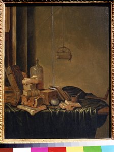 本のある静物。 Gerrit van Vucht (1600 年または 1620 年 - 1697 年頃) による絵画。 木に油彩、34 x 28 cm。 17世紀オランダの学校。 プーシキン美術館、モスクワ。 作： Gerrit van Vucht