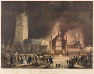 ダンディーのイースト、サウス、クロス教会、1841 年 1 月 3 日日曜日の火事に登場、1841 年頃（リトグラフ）