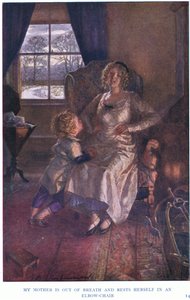 母は息を切らして肘掛け椅子に腰を下ろしている 作： Gertrude E. Demain Hammond