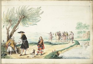 ロマの女性が紳士（モーセ？）の手を読む 作： Gesina ter Borch (signed by artist)