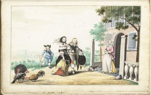 田舎の家のドアで女性に挨拶するカップル 作： Gesina ter Borch (signed by artist)