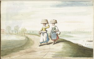 2 人の農民の女性が風景の中を歩く 作： Gesina ter Borch (signed by artist)