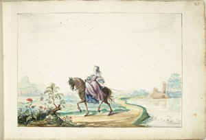 風景の中で馬に乗った女性 作： Gesina ter Borch (signed by artist)
