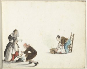 主は女性の靴を結び、女性はストーブに火を入れる 作： Gesina ter Borch