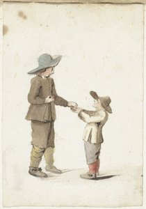 男の子が年下の男の子にリンゴをあげる 作： Gesina ter Borch