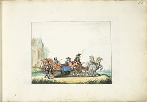 エレガントなカップルの馬車で物乞いをする小さな男の子 作： Gesina ter Borch