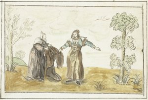 隠者は女性に彼のマントを与える 作： Gesina ter Borch