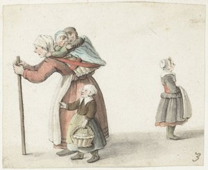 キャリング バスケットに 2 人の子供を持つ女性 作： Gesina ter Borch