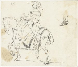 横から見た馬に乗った女性、下肢と足のスケッチ 作： Gesina ter Borch