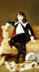 ライオンの皮で覆われたソファーに座っている男の子の肖像画 作： Geza Vastagh