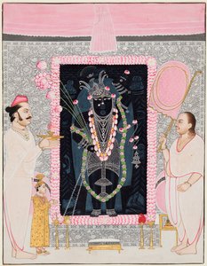 祭司長のTilakayat Govardhanlaljiが祝賀のためにShri Nathjiに供物を捧げる..., 1890年頃 作： Ghasiram Hardev Sharma