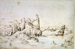 山の風景の岩の上の城、1540年。 作： Gherado Cibo