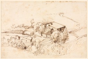 丘陵風景の中の木のある農場 (裏面) 作： Gherardo Cibo