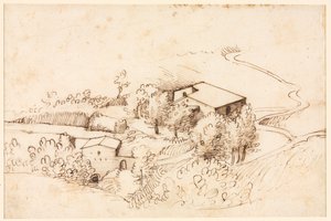 丘陵風景の中の木のある農場 verso、1567 年。 作： Gherardo Cibo